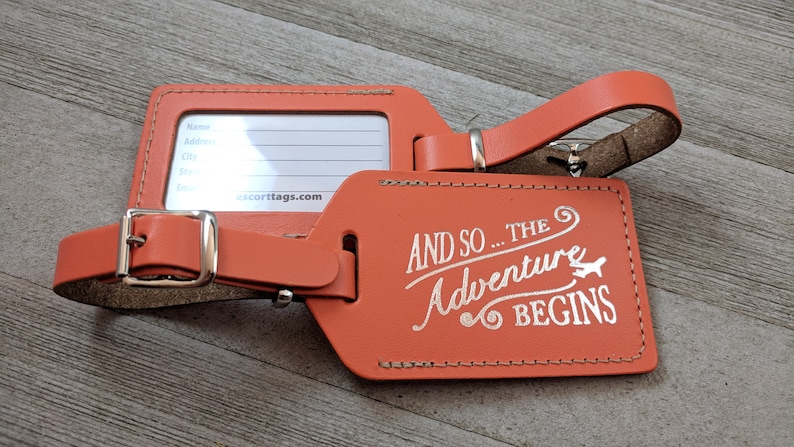 LUGGAGE TAGS Orange Leather and so the Adventure Begins - Etsy
