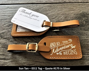 WEDDING LUGGAGE TAGS | Sun Tan leather, style (id 11) and so the Adventure Begins in silver, our quote #175, with matching silver buckle