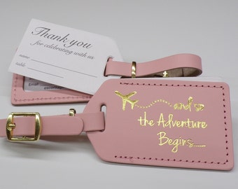 Luggage Tag Wedding Favor | Pink leather, and so the Adventure Begins, for weddings, bridal or baby showers, in gold imprint & buckles