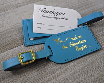 WEDDING LUGGAGE TAGS | (Security Flap Style) Caribbean Blue leather, and so the Adventure Begins, for weddings, bridal/baby showers, Gold