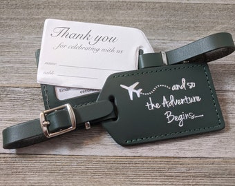 WEDDING LUGGAGE TAGS | Hunter Green leather, and so the Adventure Begins, for weddings, bridal or baby showers, silver imprint & buckles