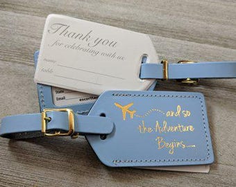 LUGGAGE TAGS | Cinderella Blue leather, and so our Adventure Begins, for weddings, bridal or baby showers, gold imprint & buckles