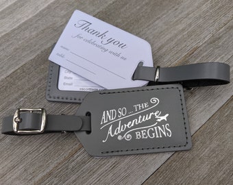 LUGGAGE TAGS | Gray leather, and so the Adventure Begins, for weddings, bridal or baby showers, silver imprint & buckles