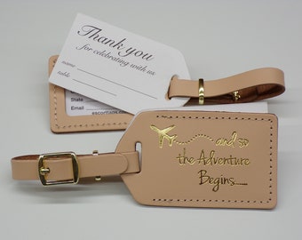 Luggage Tag Wedding Favor | Natural leather, and so the Adventure Begins, for weddings, bridal or baby showers, in gold imprint & buckles