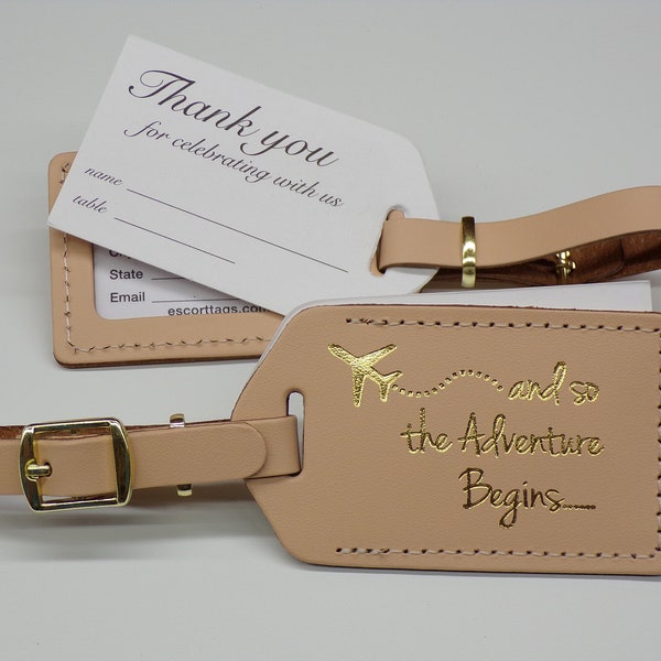 Luggage Tag Wedding Favor | Natural leather, and so the Adventure Begins, for weddings, bridal or baby showers, in gold imprint & buckles