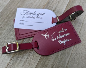 WEDDING LUGGAGE TAGS | (Security Flap Style) Burgundy leather, and so the Adventure Begins, for weddings, bridal/baby showers, Silver