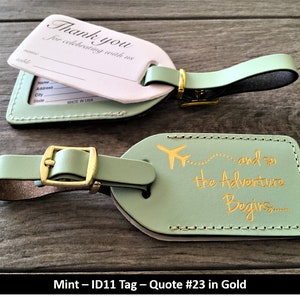 WEDDING LUGGAGE TAGS | Mint leather, style (id 11) and so the Adventure Begins in gold, our quote #23, with matching gold buckle