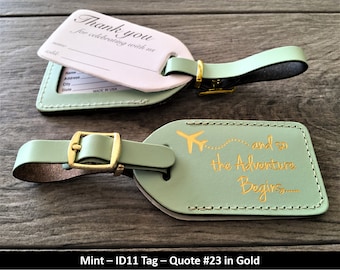 WEDDING LUGGAGE TAGS | Mint leather, style (id 11) and so the Adventure Begins in gold, our quote #23, with matching gold buckle