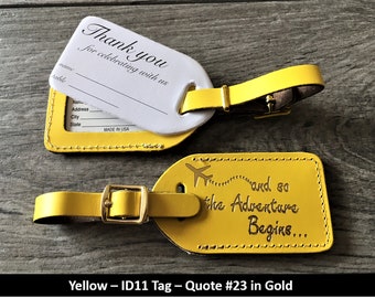 WEDDING LUGGAGE TAGS | Yellow leather, style (id 11) and so the Adventure Begins in gold, our quote #23, with matching gold buckle