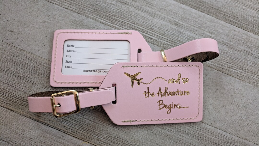LUGGAGE TAGS Pink Leather, and so the Adventure Begins, for Weddings