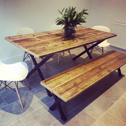 Rustic Dining Table & Bench Set Square Steel Legs Industrial - Etsy