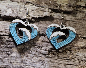 Ocean-inspired Heart Wave Wooden Dangle Earrings - Handmade and Hypoallergenic