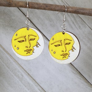 Sun and Moon Embracing Wooden Dangle Earrings