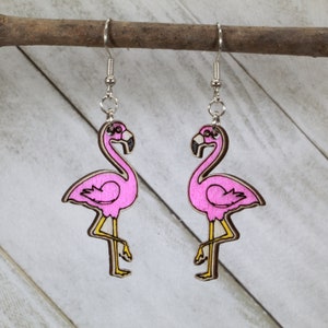 Pink Flamingo Statement Earrings - Fun Wooden Dangle Earrings