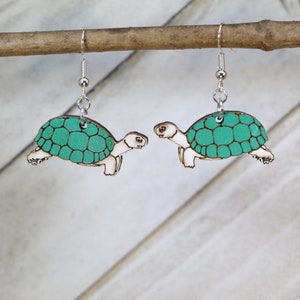 Handcrafted Realistic Turtle Wooden Dangle Earrings - Unique Animal Jewelry
