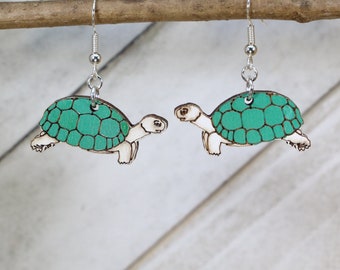 Handcrafted Realistic Turtle Wooden Dangle Earrings - Unique Animal Jewelry