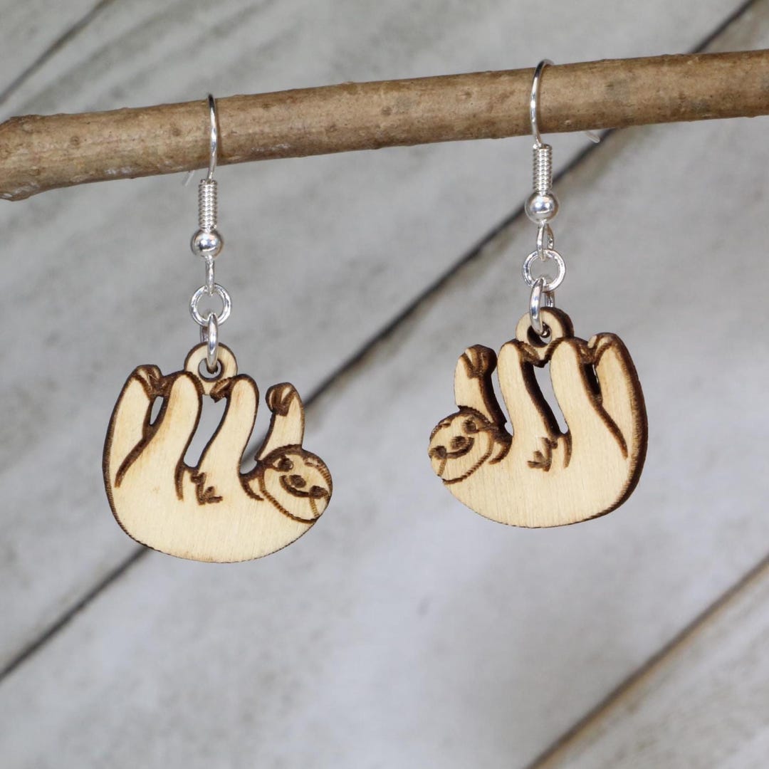 Sloth Back Earser Cute Sloth Earrings, Hand-painted Birch Wood Dangle, Hypoallergenic - Etsy