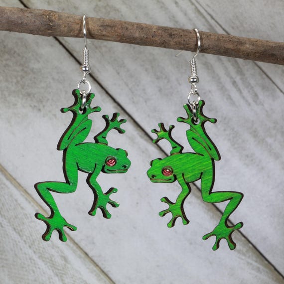Green Rainforest Tree Frogs Wooden Dangle Earrings
