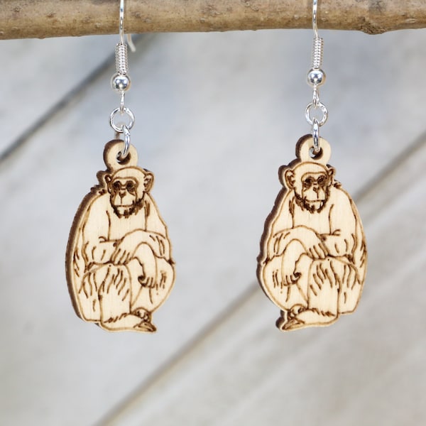 Curious Chimpanzee Wooden Earrings - Unique Wildlife-themed Accessories