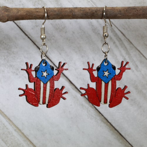 Puerto Rico Coquí Frog Wooden Dangle Earrings Etsy