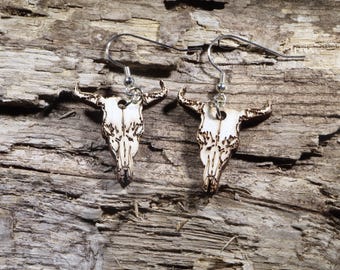 Western Cow Skull Wooden Dangle Earrings