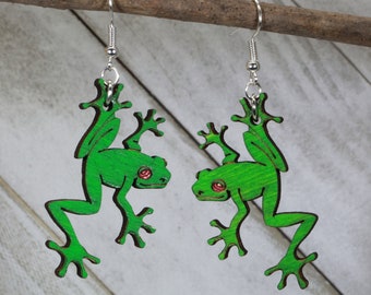 Green Rainforest Tree Frogs Wooden Dangle Earrings