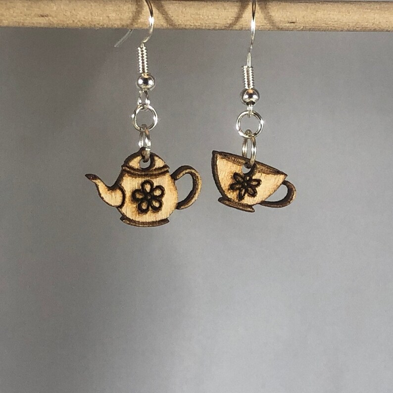 Teapot and Cup Mismatched Wooden Dangle Earrings