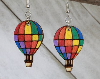 LGBTQ+ Rainbow Pride Hot Air Balloon Wooden Checkered Dangle Earrings