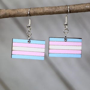 LGBTQ+ Transgender Pride Flag Wooden Dangle Earrings