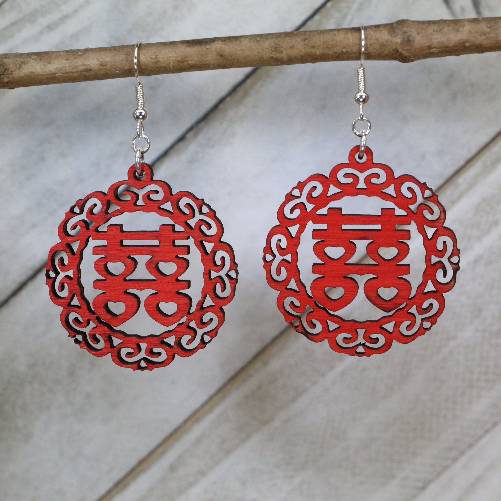 Chinese Double Happiness Circle Heart Wooden Dangle Earrings