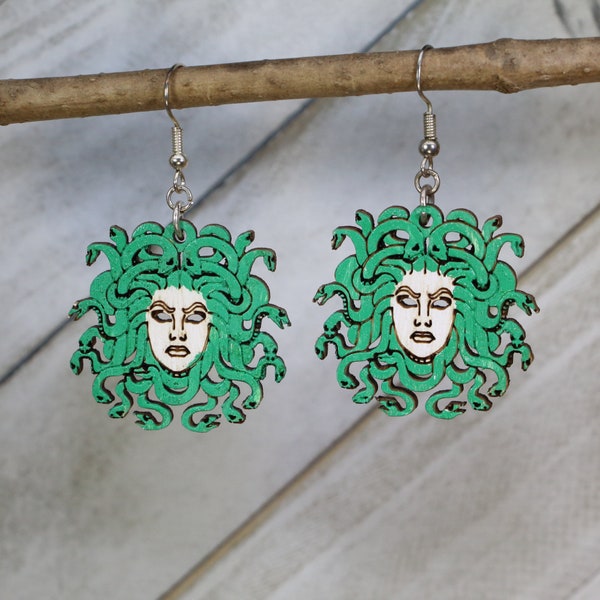 Medusa Head Wooden Dangle Earrings