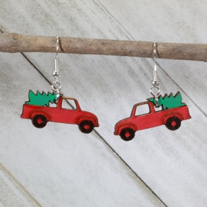 Red Truck and Christmas Tree Earrings, Farmhouse Truck, Christmas Earrings, Christmas Truck, Red Farm Truck, Little Red Truck