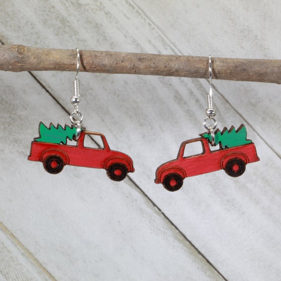 Red Truck and Christmas Tree Earrings Farmhouse Truck Christmas