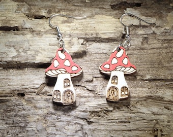 Mushroom House Wooden Dangle Earrings