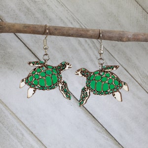 Realistic Sea Turtle Wooden Dangle Earrings