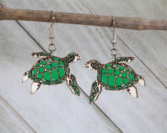 Realistic Sea Turtle Wooden Dangle Earrings