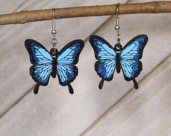 Blue Morpho Butterfly Wooden Dangle Earrings – Nature Inspired Jewelry