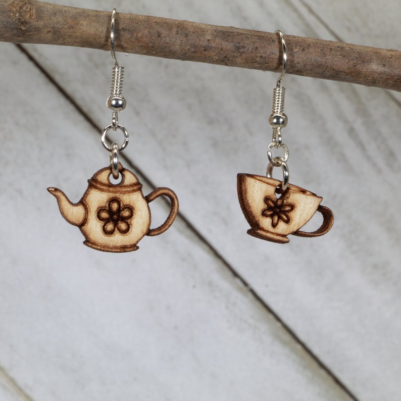 Teapot and Cup Mismatched Wooden Dangle Earrings