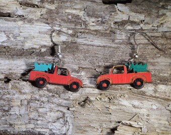 Pendientes de árbol de Navidad con diseño de camión rojo, joyería navideña hipoalergénica