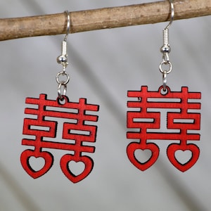 Chinese Double Happiness Heart Wooden Dangle Earrings