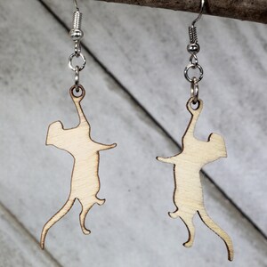 Playful Hanging Cat Wooden Dangle Earrings