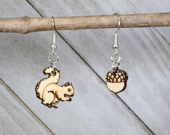 Squirrel and a Nut Wooden Dangle Earrings