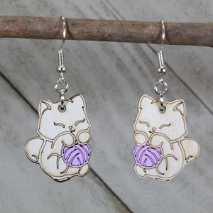 Cat and Yarn Wooden Dangle Earrings