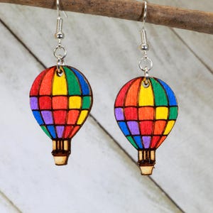 LGBTQ+ Rainbow Pride Hot Air Balloon Wooden Checkered Dangle Earrings