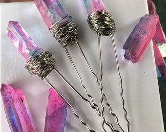 2 Crystal Quartz hair pins, mermaid crystal Bobby pins,boho hairpin,bridesmaid hairpin,unique present for her,unicorn crystal quartz hairpin