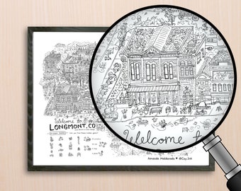 May include: A black and white illustration of a town with a magnifying glass highlighting a building with the text "Welcome to Longmont, CO". The illustration includes a variety of hidden objects to find.