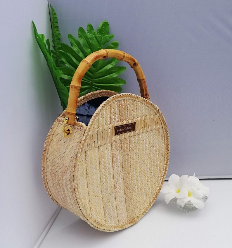 Faux Straw Bamboo Handle Tote Bag