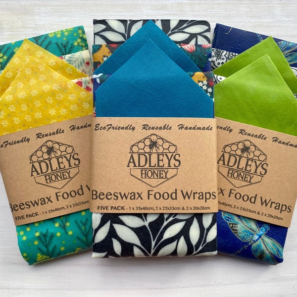 FIVE PACK Beeswax Food Wraps | 1 x Giant, 2 x Large, 2 x Medium | Eco friendly | Australian | Handmade