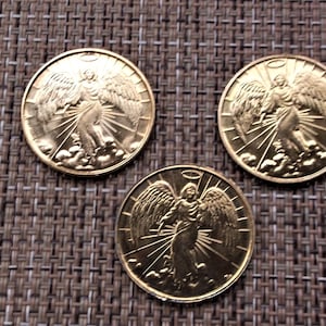 3-bright golden angel guardian coins- 2 sided metal about !&quot; diameter