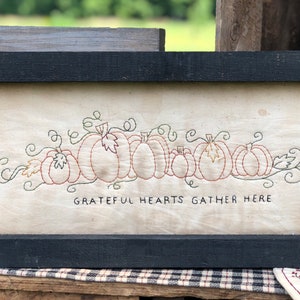 Grateful Hearts Primitive Stitchery Framed Print
